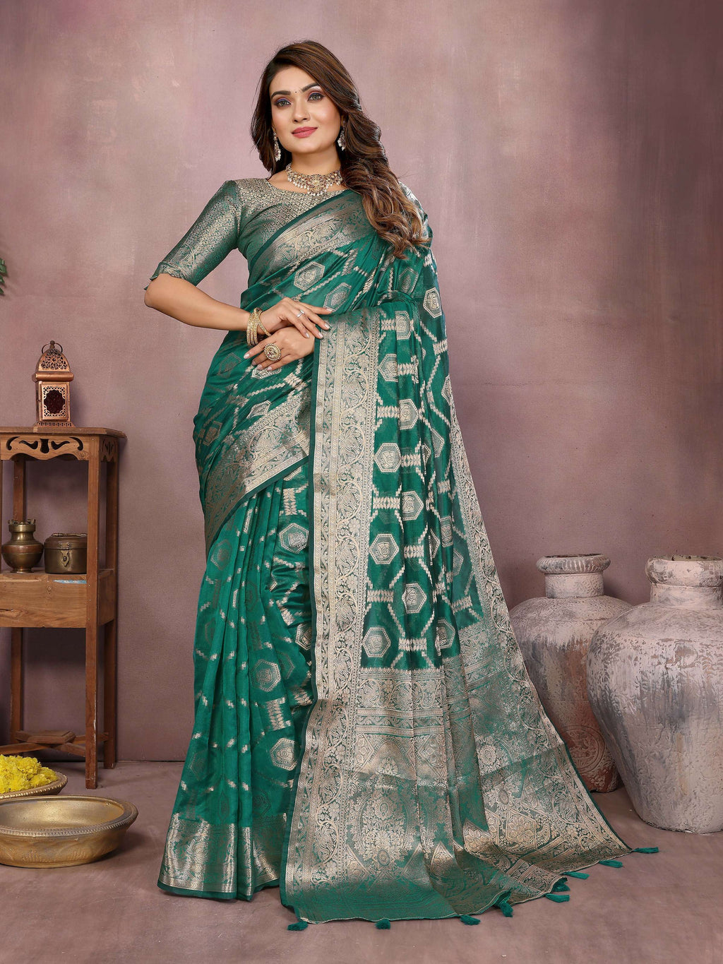 Light Green Soft Organza Silk Saree with woven embroidery