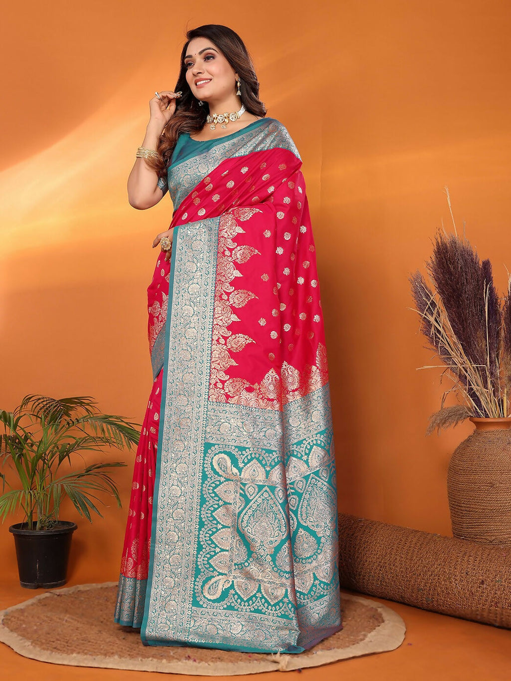 Banarasi Hot Pink Woven Soft Silk Saree with Blouse Piece