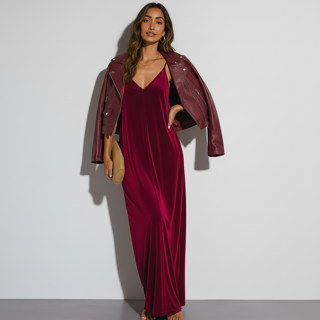 Women's Crimson Velvet Maxi Lounge Dress