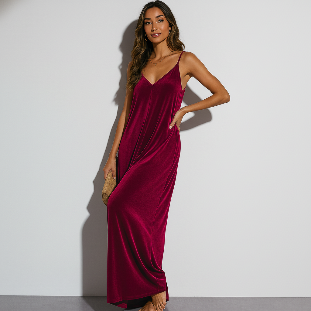 Women's Crimson Velvet Maxi Lounge Dress