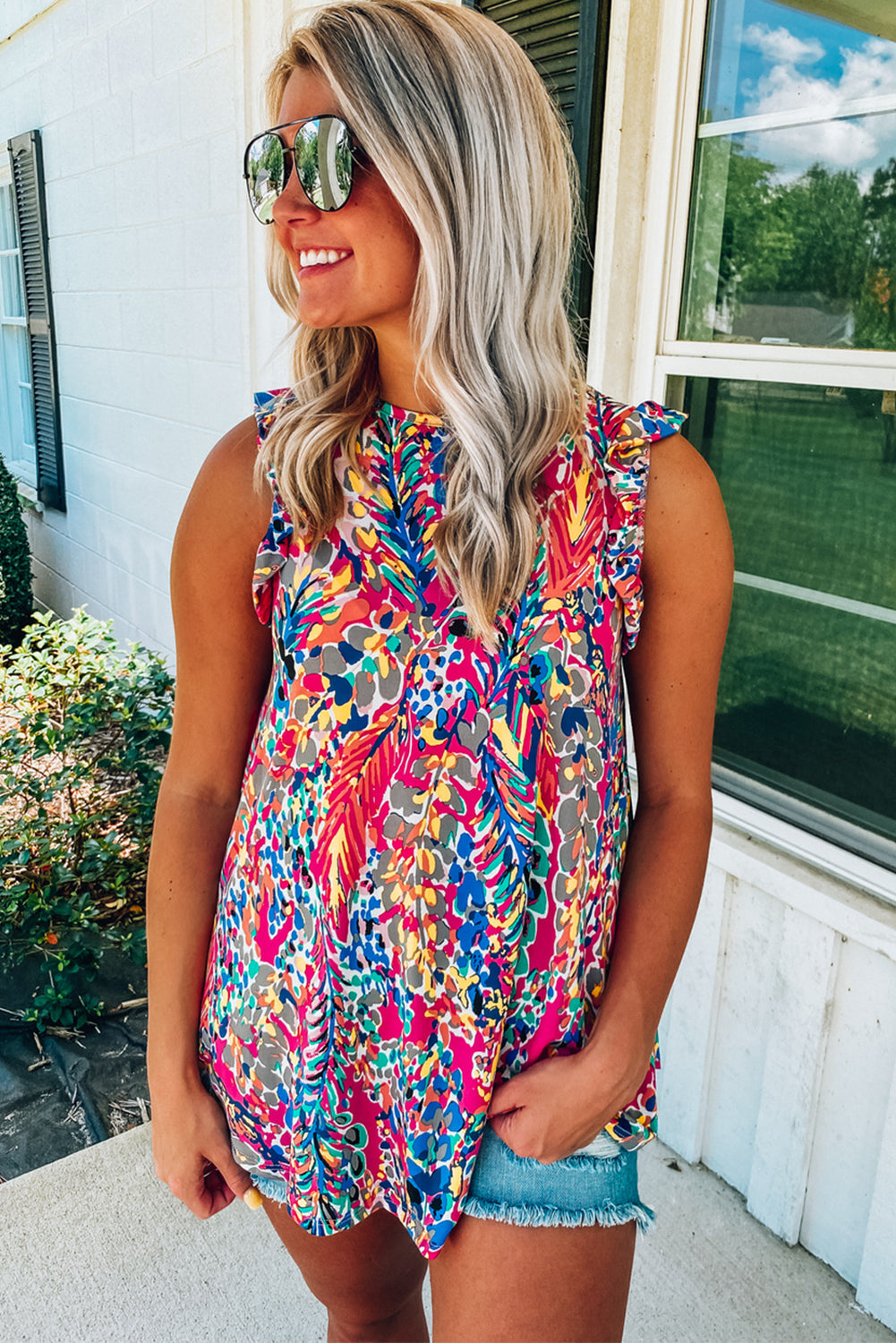 Rosy Boho Abstract Print Ruffle Sleeveless Babydoll Shirt