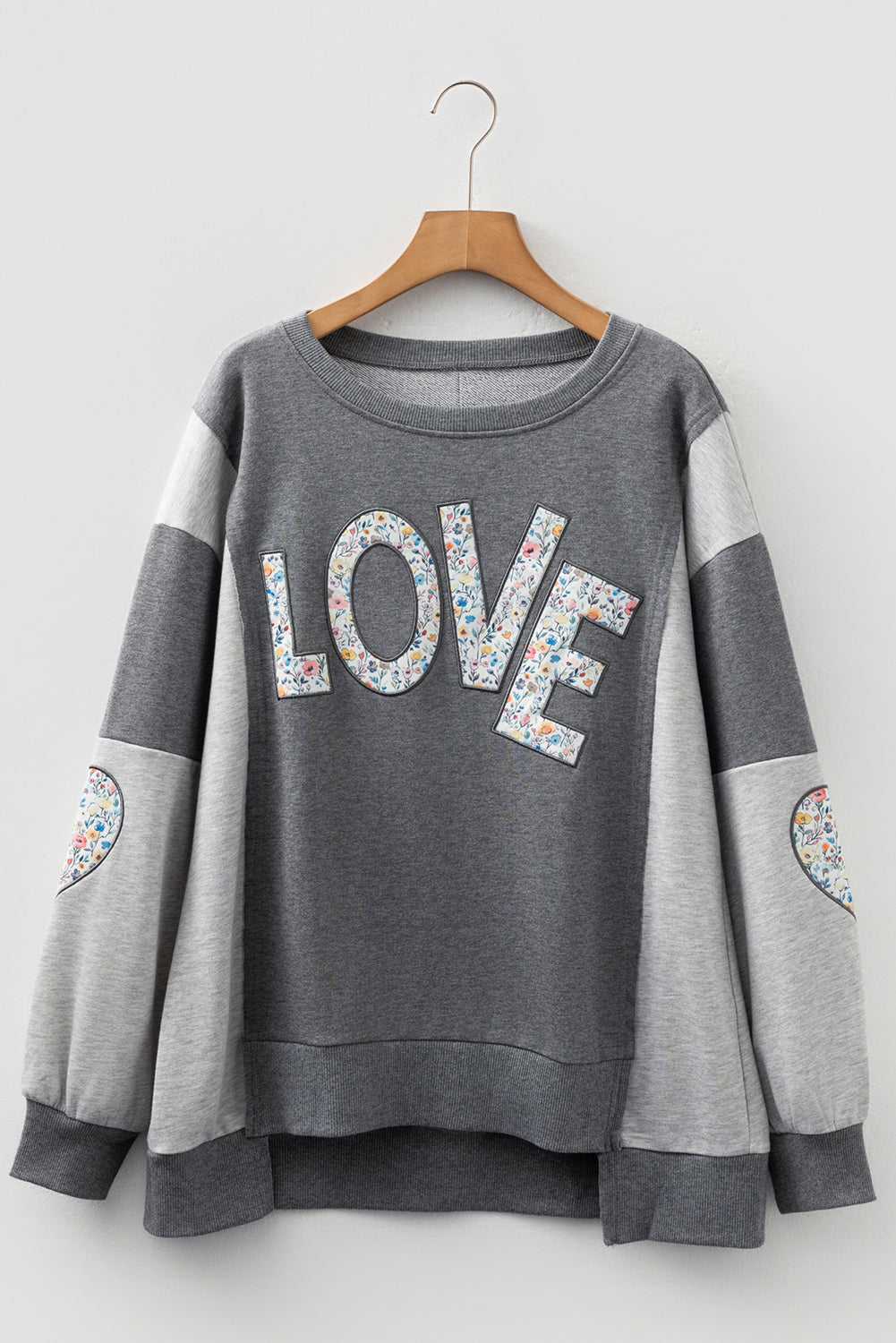 Dark Grey Floral Patchwork LOVE Graphic Sweatshirt | Uneven Hem