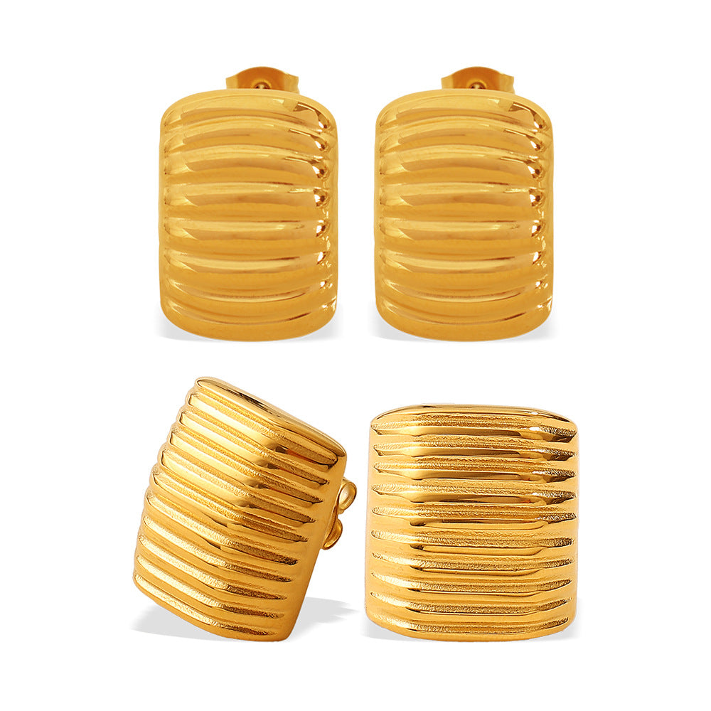 Korean Style Minimalist Striped Square Stud Earrings, 18K Gold Plated Stainless Steel, Elegant Daily Jewelry For Women