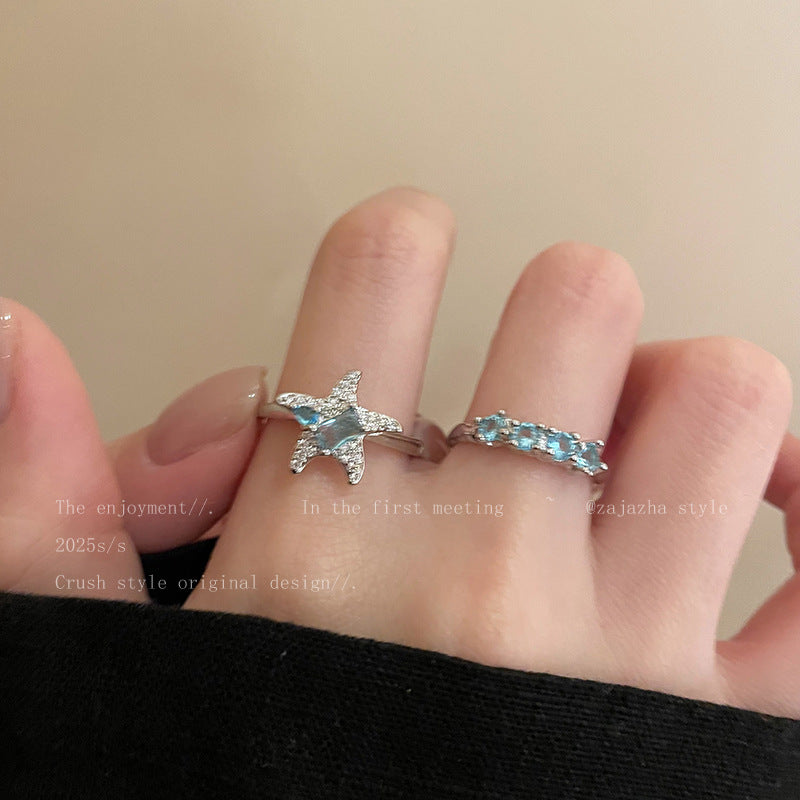 Blue Star Zircon Ring For Women, Luxury Niche High-End Index Finger Ring, Fashion Stackable Adjustable Band
