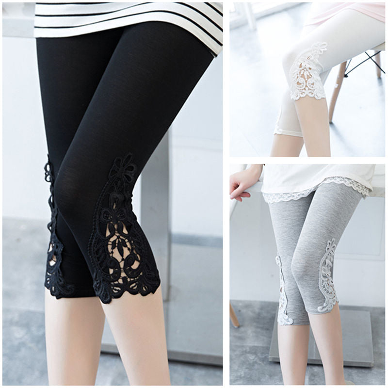 Women’s Lace Trim Stretch Leggings Solid Knit Bottoming Pants