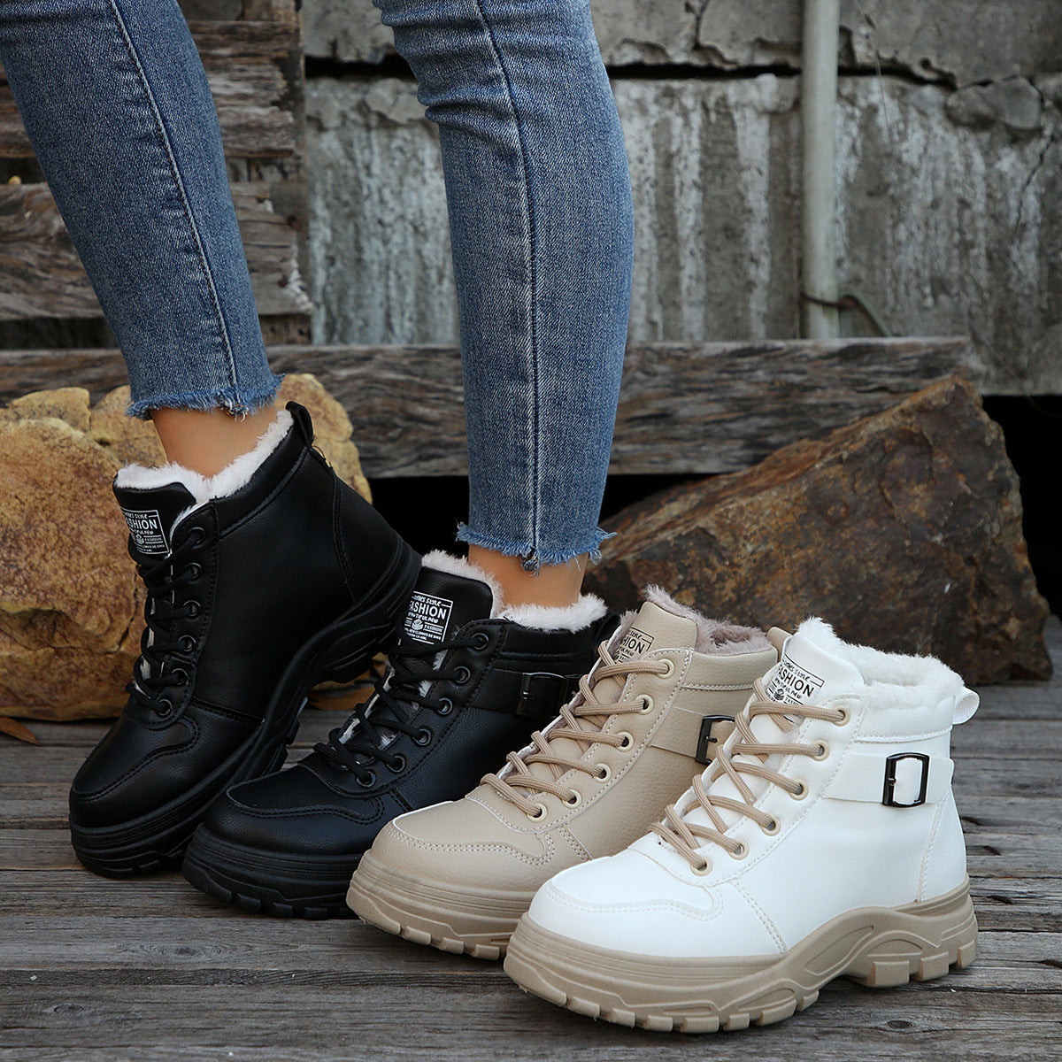 Women’s Mid-Calf Fleece-Lined Winter Boots with Buckle Detail