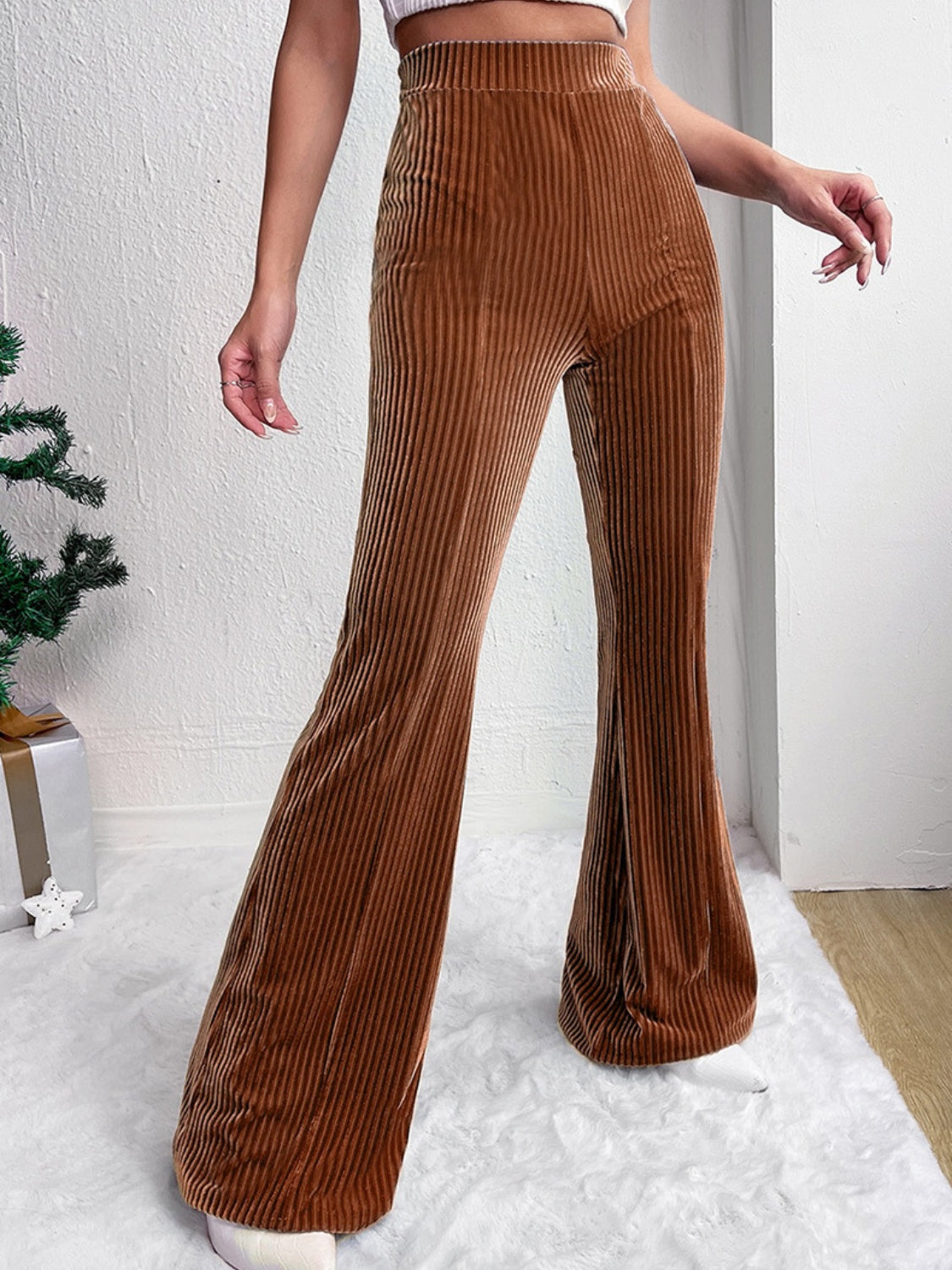 Ribbed High Waist Bootcut Pants | Knit Stretch