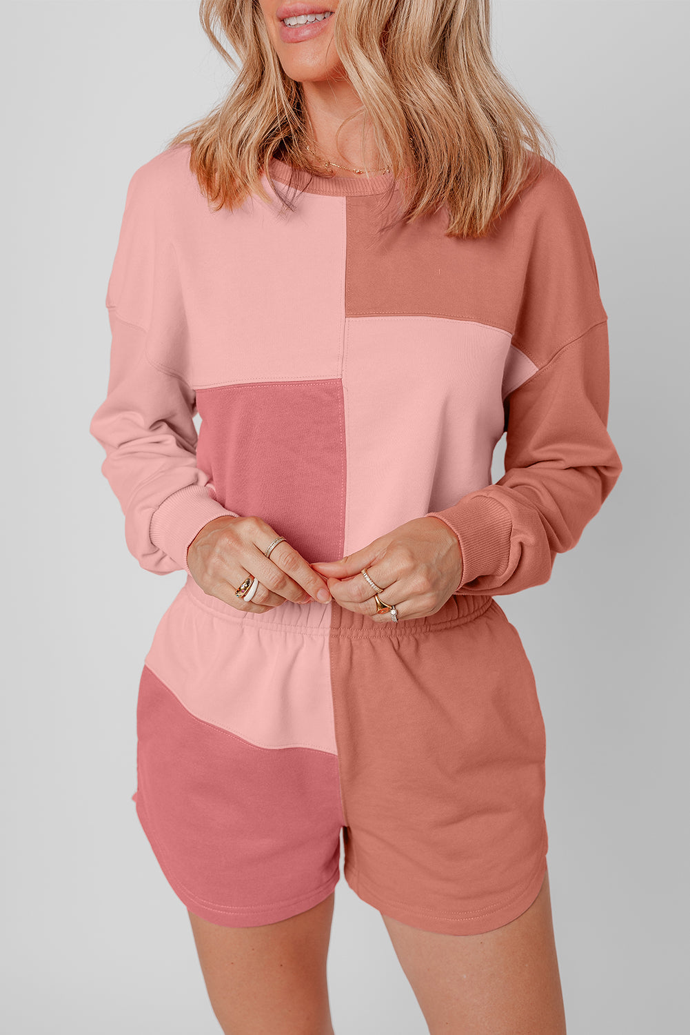 Peach Blossom Colorblock Patchwork Long Sleeve Shorts Set