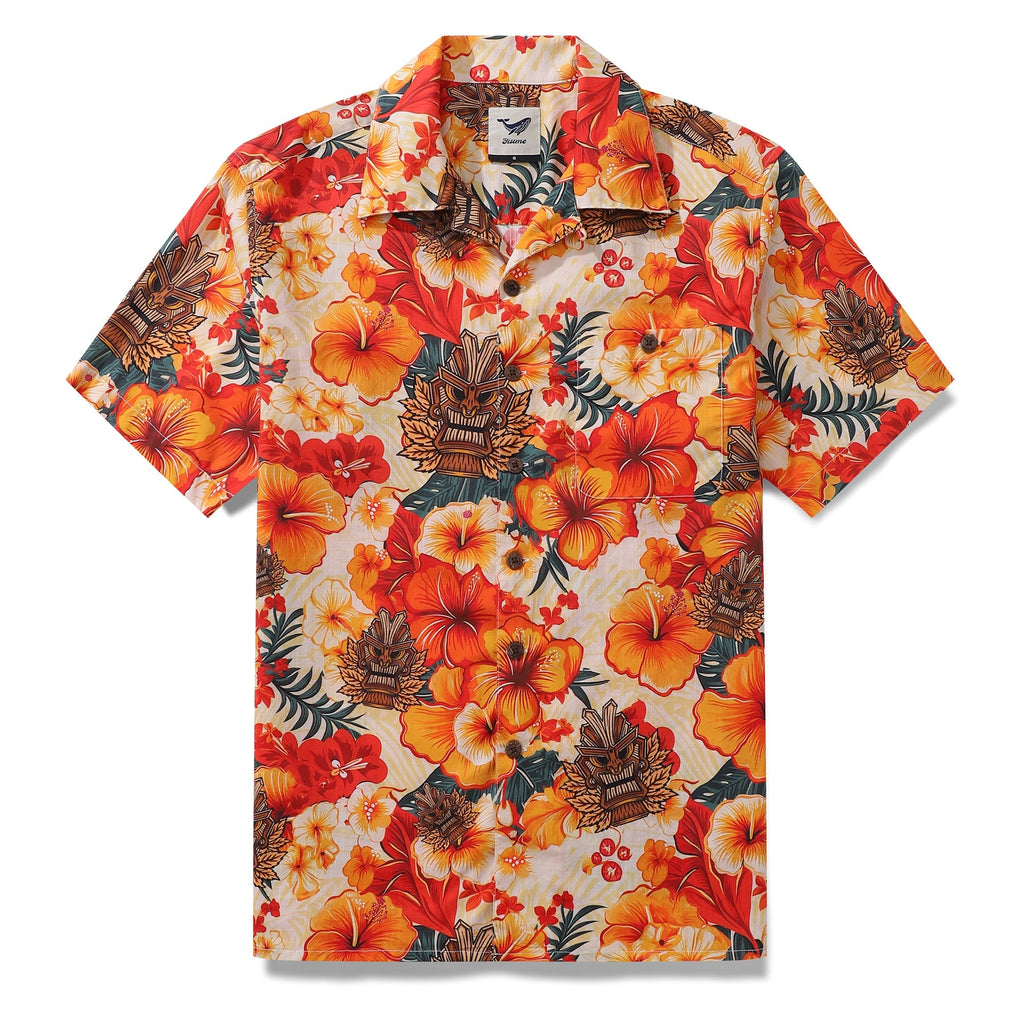 Designer Tiki-inspired floral Hawaiian shirt with camp collar