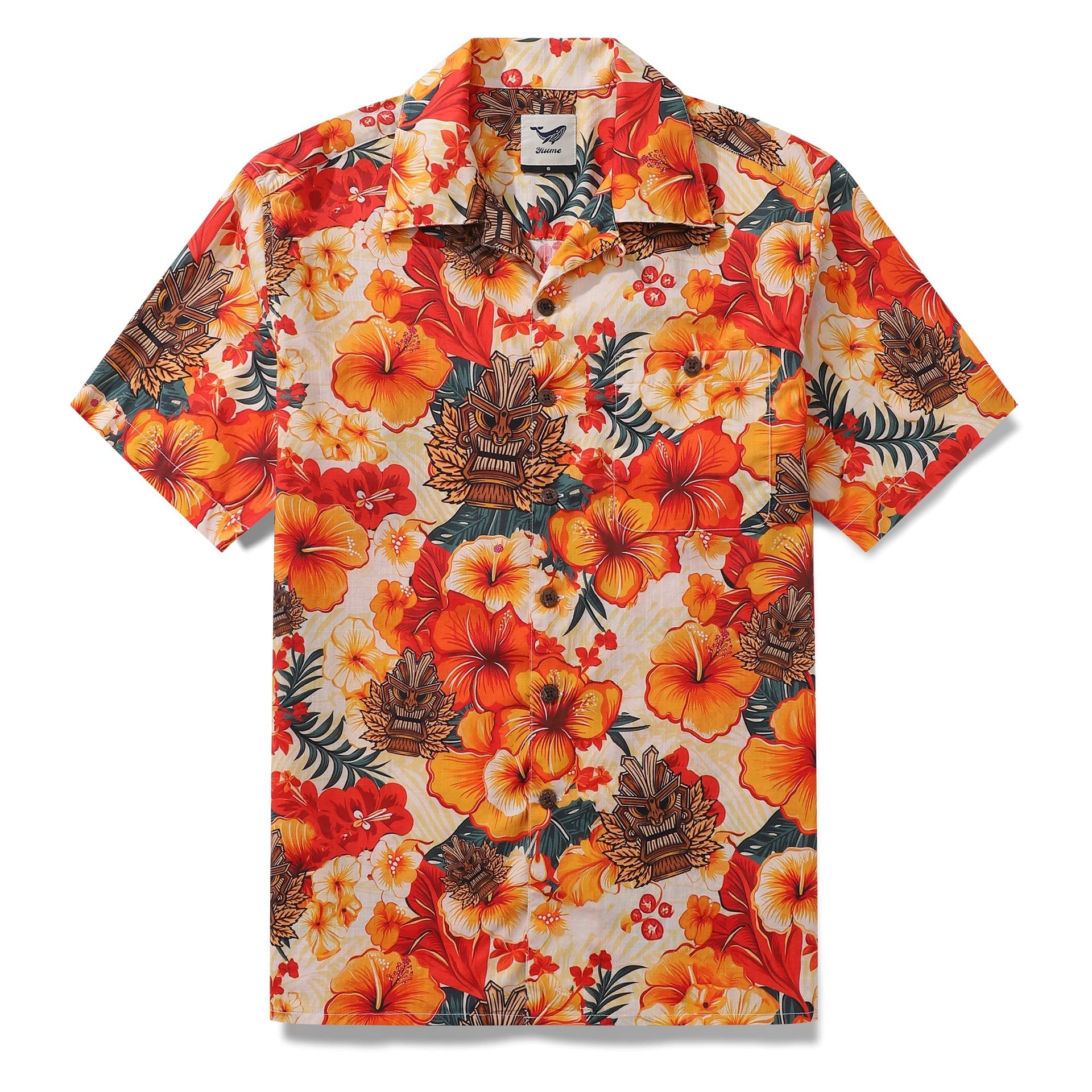 Designer Tiki-inspired floral Hawaiian shirt with camp collar