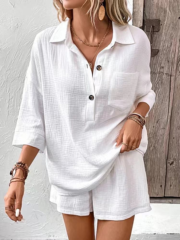 Women's Button-Down Lapel Shirt and Drawstring Shorts Set - Image 11