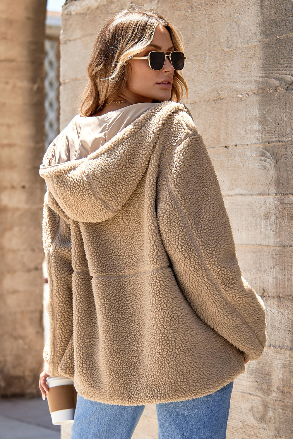 Pale Khaki Fleece Zip Up Hooded Jacket with Pockets