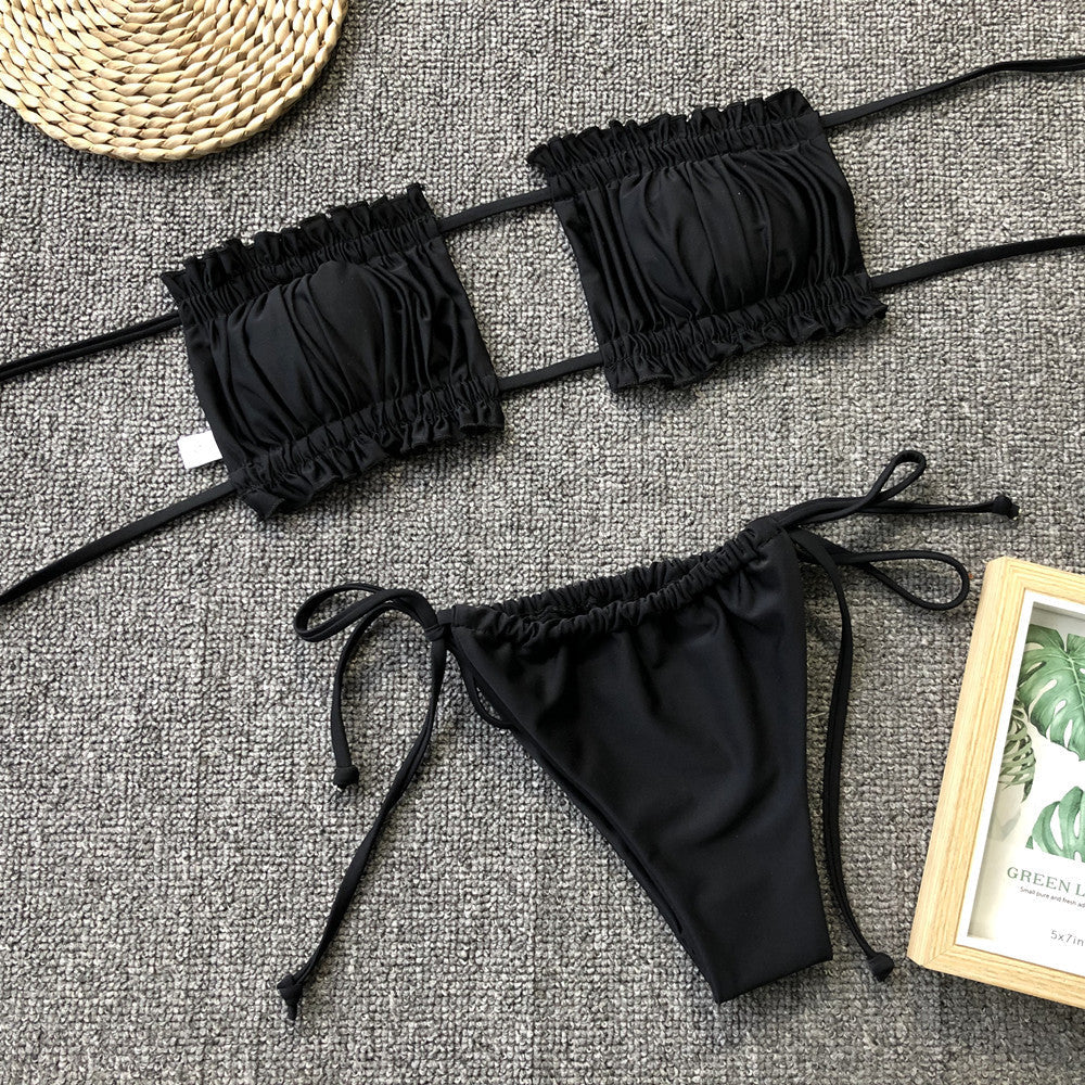 Yellow Ruched Bikini Set with Flirty Frill Trim and Tie Sides - Image 16