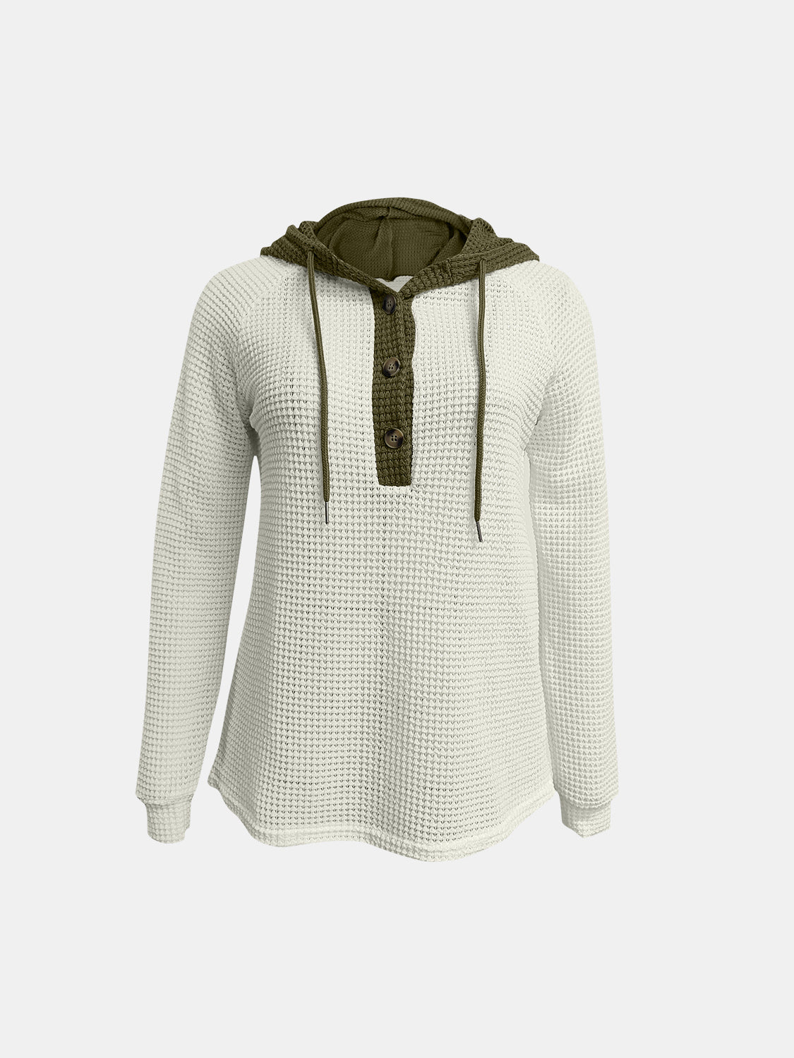 Women's Waffle-Knit Contrast Long Sleeve Hoodie with Buttons - Image 2
