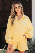Yellow Cotton Blend Oversized Pullover & Shorts Set
