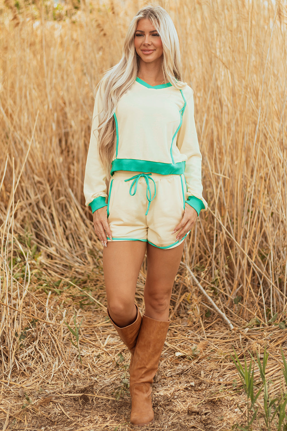 Yellow Long Sleeve Pullover and Drawstring Shorts Lounge Set