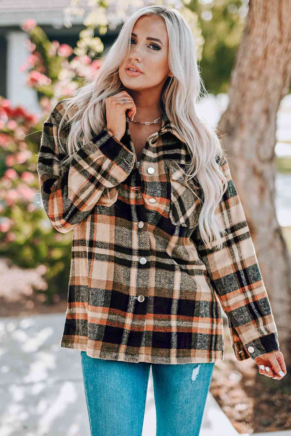 Women's Classic Plaid Button Front Shirt Jacket