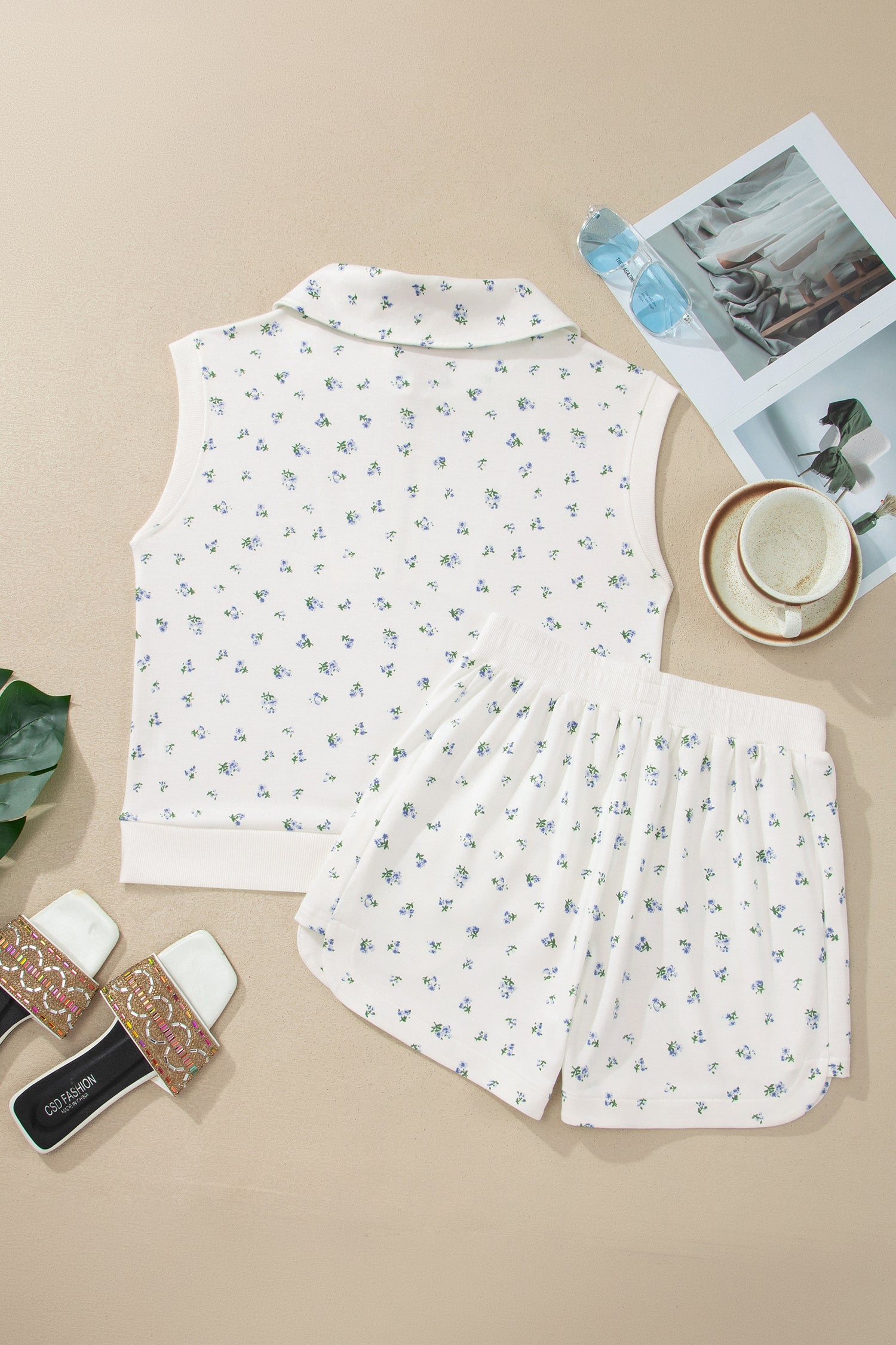 Floral Print Half-Zip Hooded Top and Drawstring Shorts Set