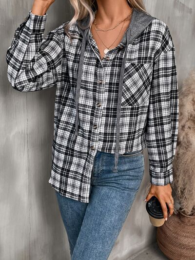 Women's Plaid Button-Down Hooded Jacket Cotton-Blend Shacket