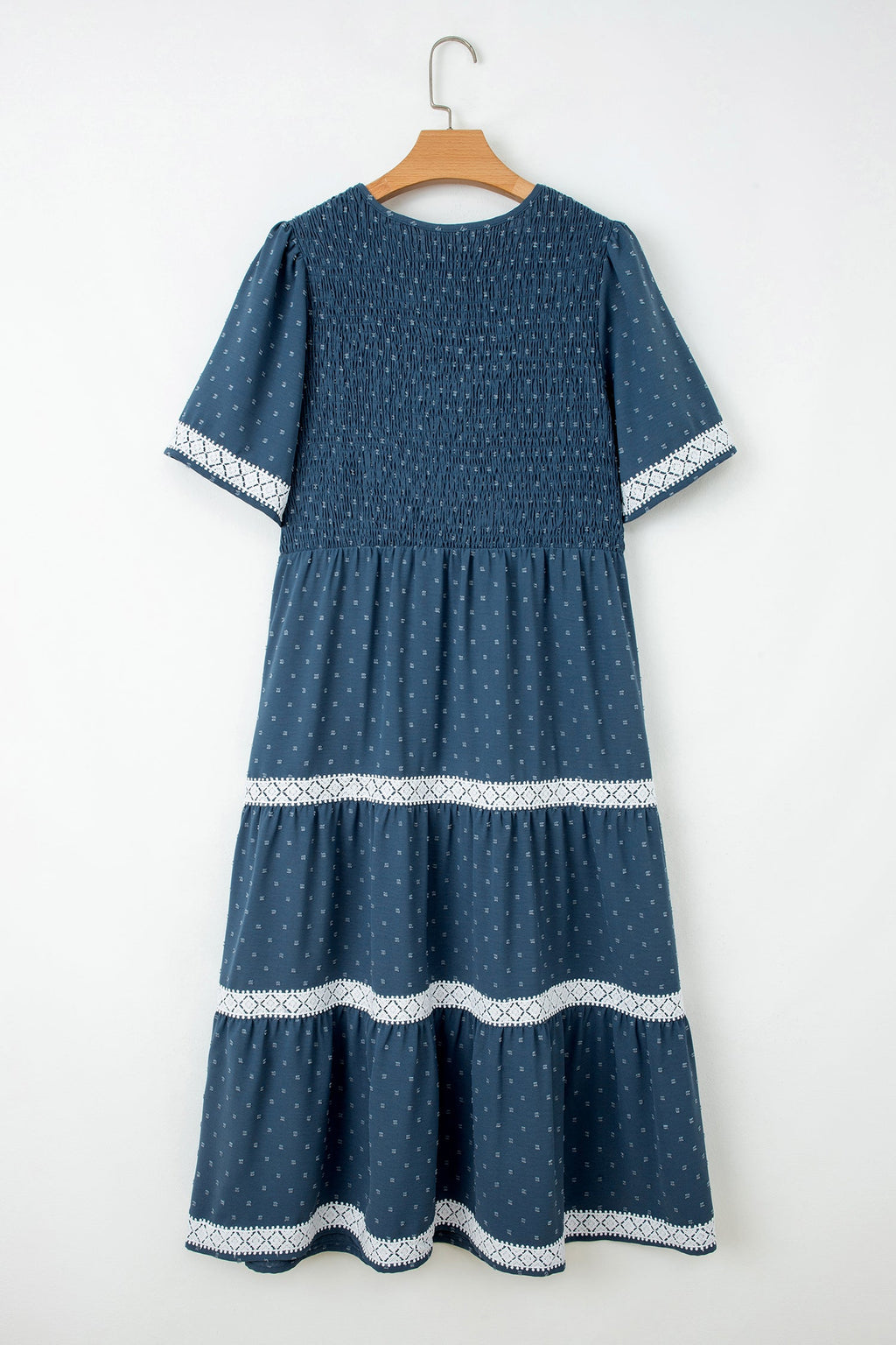 Swiss Dot Lace Trim Flared Midi Dress - V-Neck Bohemian Shift