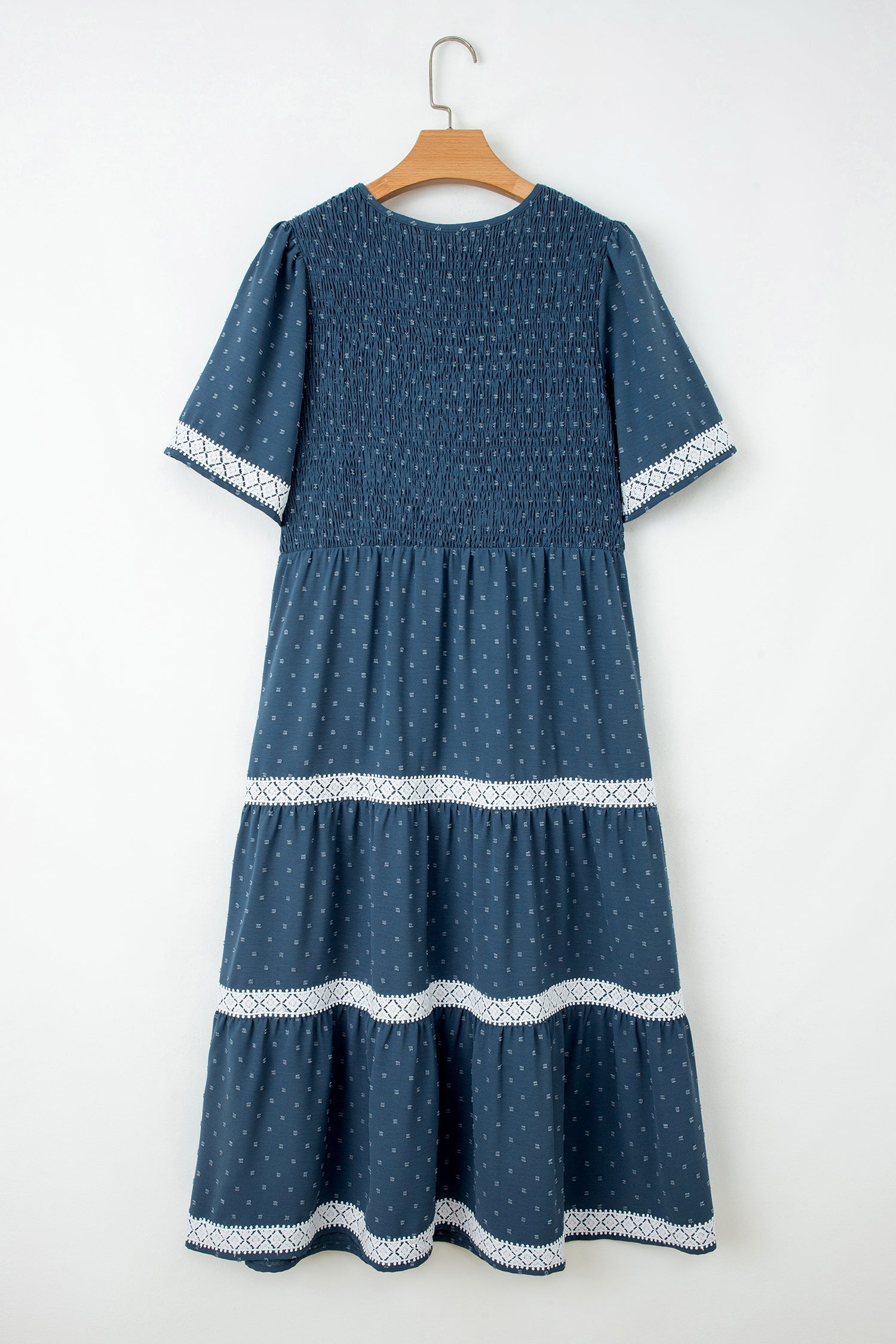 Swiss Dot Lace Trim Flared Midi Dress - V-Neck Bohemian Shift