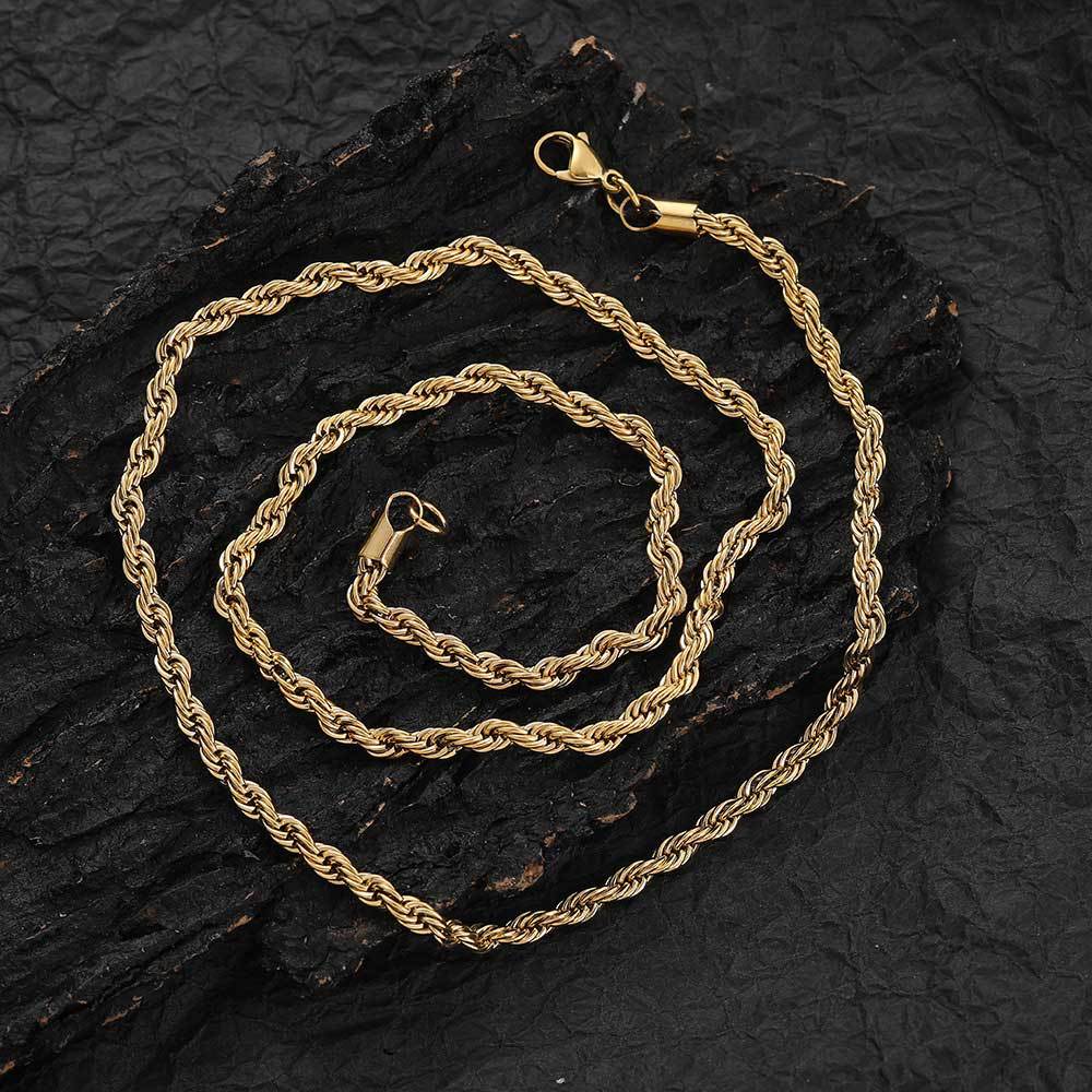 Unisex gold 5mm stainless steel rope chain necklace and matching 9-inch bracelet