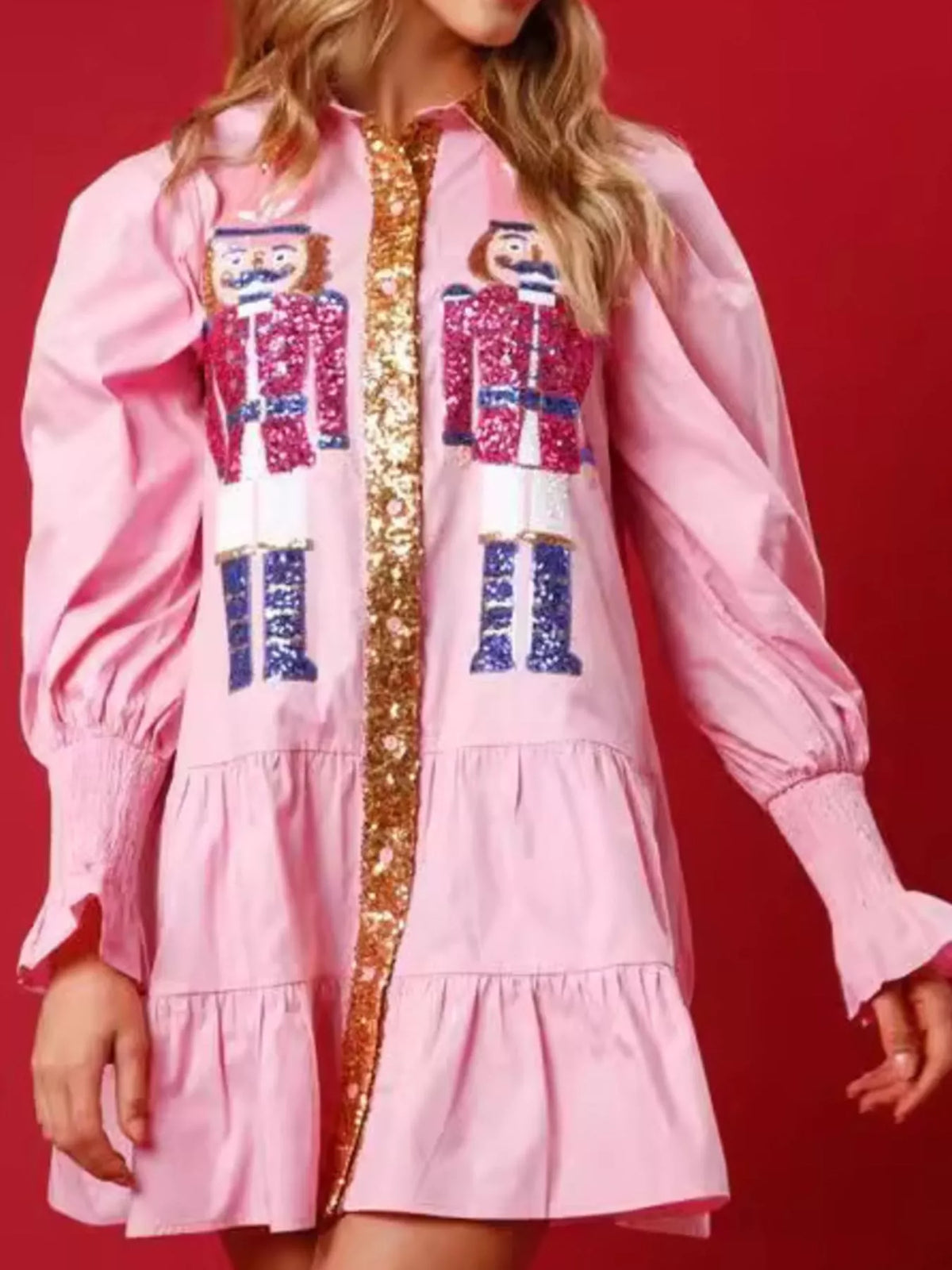 Full Size Christmas Sequin Nutcracker Tiered Shirt Dress Plus Size