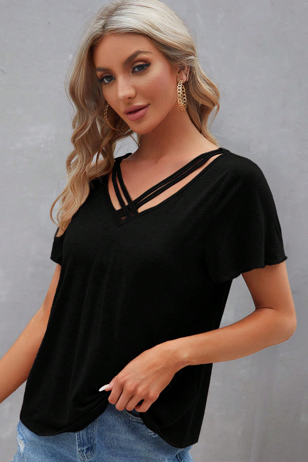 Black Crisscross V-Neck Butterfly Sleeve T-Shirt