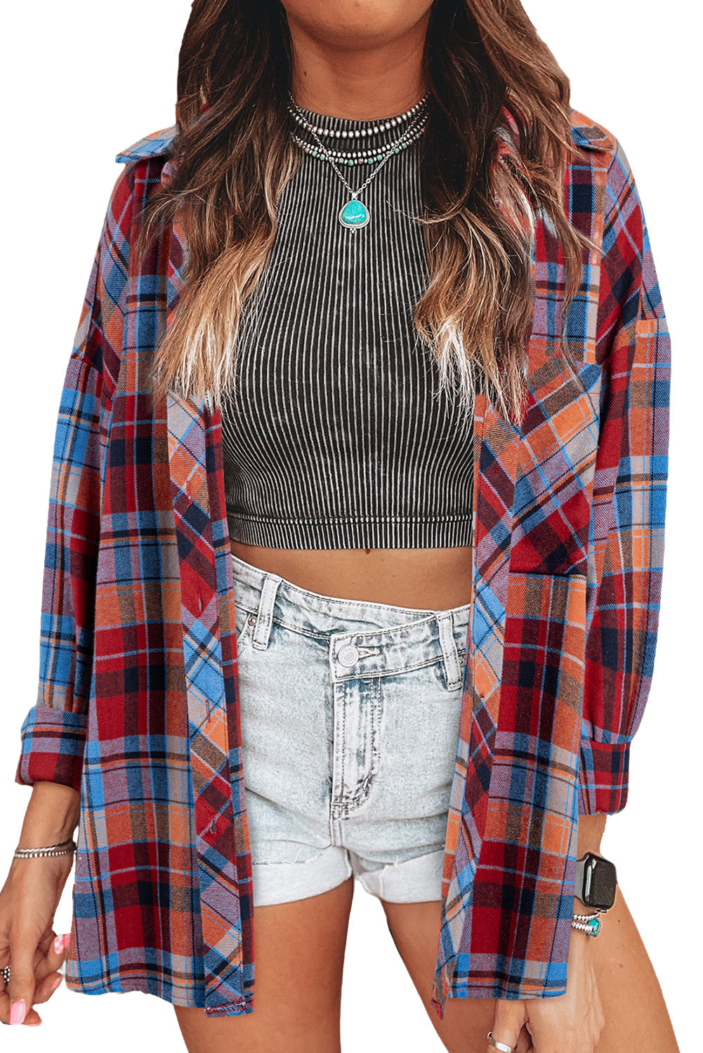Women's Red Plaid Print Drop Sleeve Loose Shirt Casual Top