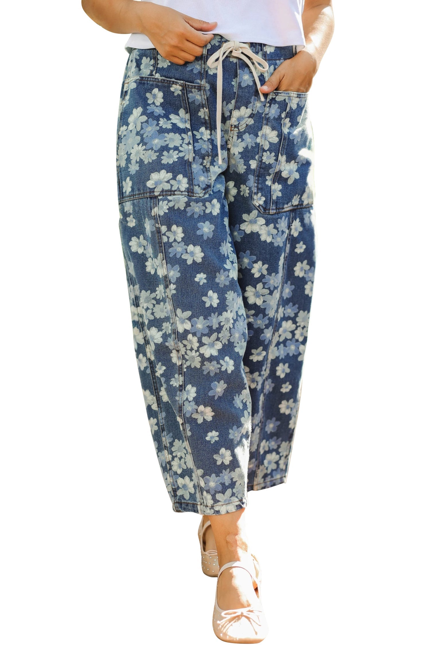 Sky Blue Dainty Floral Print Barrel Leg Drawstring Jeans