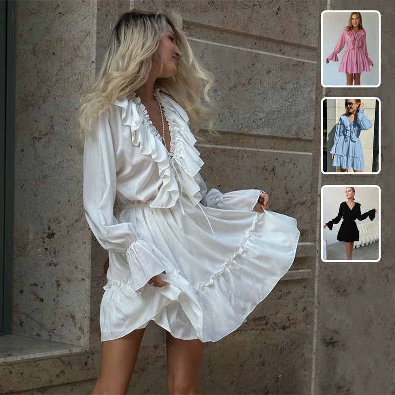 V-Neck Pleated Ruffle Dress Long Sleeve Flare Sleeve Short Dress
