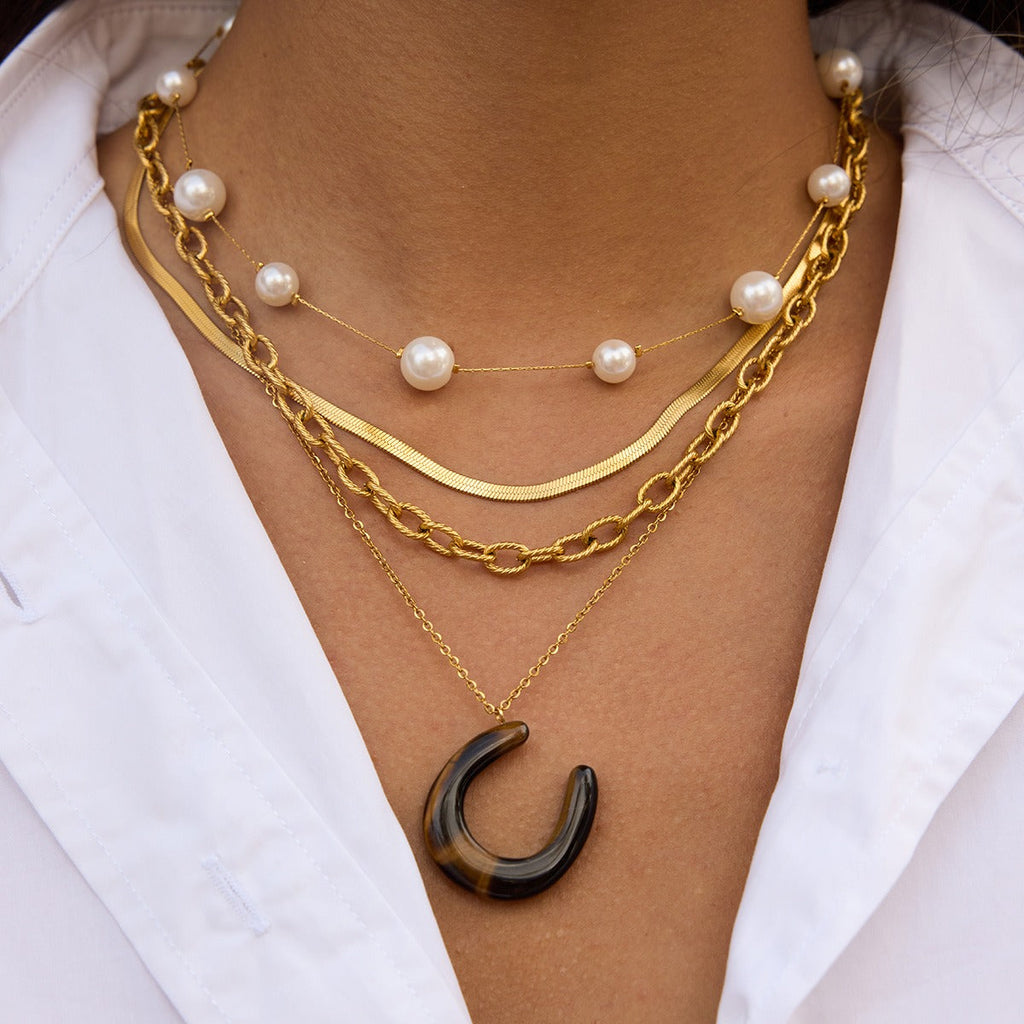 18K Gold Horseshoe Pendant Necklace with Tiger's Eye and Malachite
