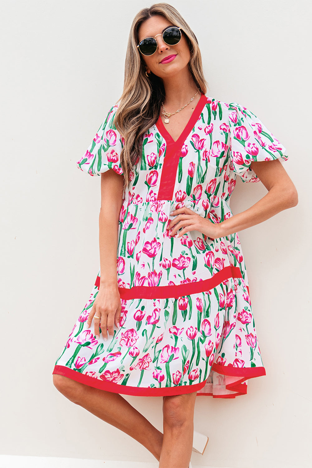 Pink Floral Print Contrast Trim V Neck Bubble Short Sleeve Babydoll Dress