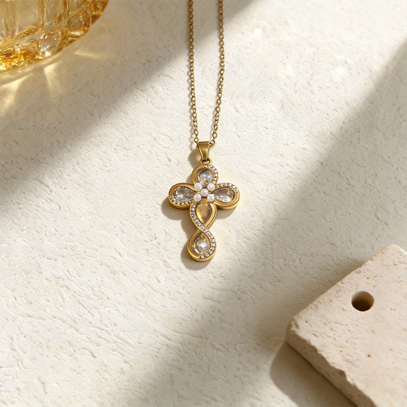 Stainless Steel Rhinestone Cross Pendant Necklace for Women
