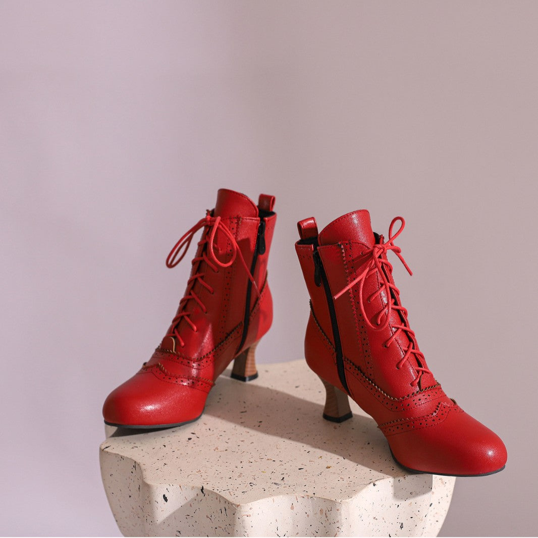 Women’s Lace-Up Brogue Ankle Boots Vintage Style Winter Heels