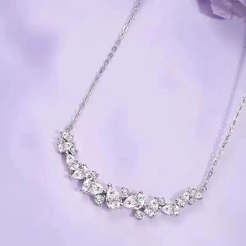 999 Sterling Silver Smile Bar Necklace with CZ Cluster Accent