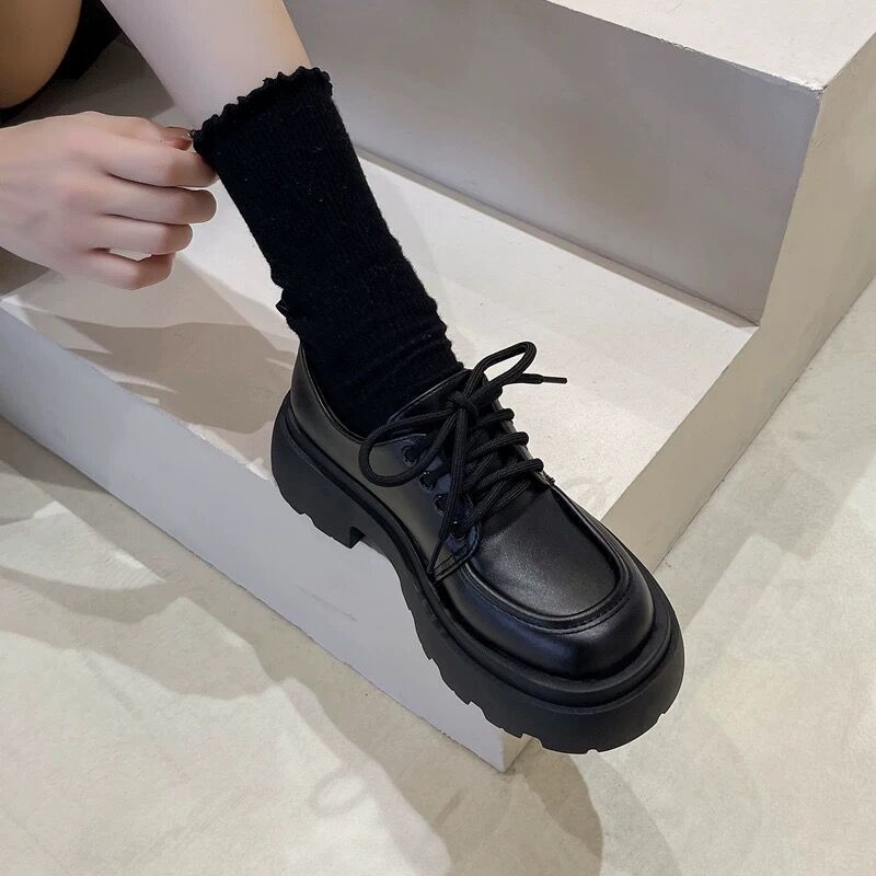 Women’s British Style Black Chunky Sole Leather Platform Loafers - Image 5