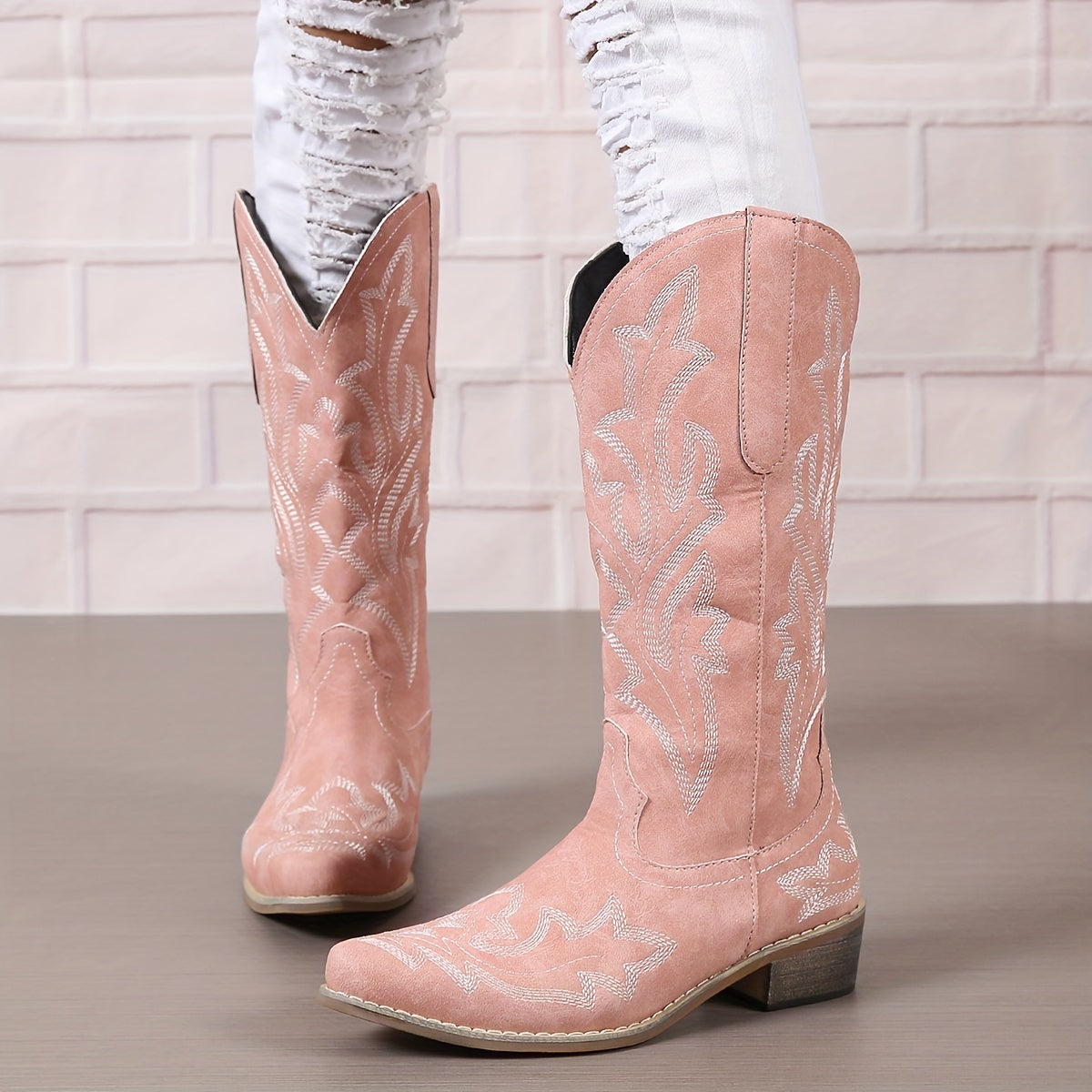 Women's Mid Calf Red Western Cowgirl Boots with White Embroidery - Image 9