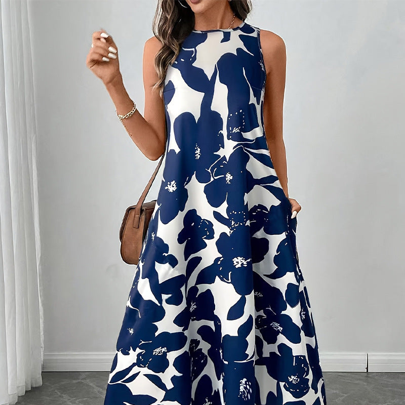 Floral A-Line Midi Dress Sleeveless Button-Front Vest Dress
