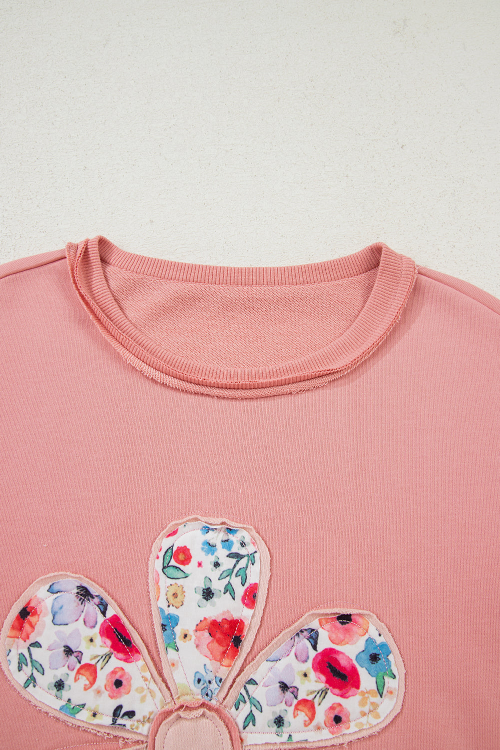 Peach Blossom Flower Applique Patchwork Drop Sleeve Pullover Sweatshirt
