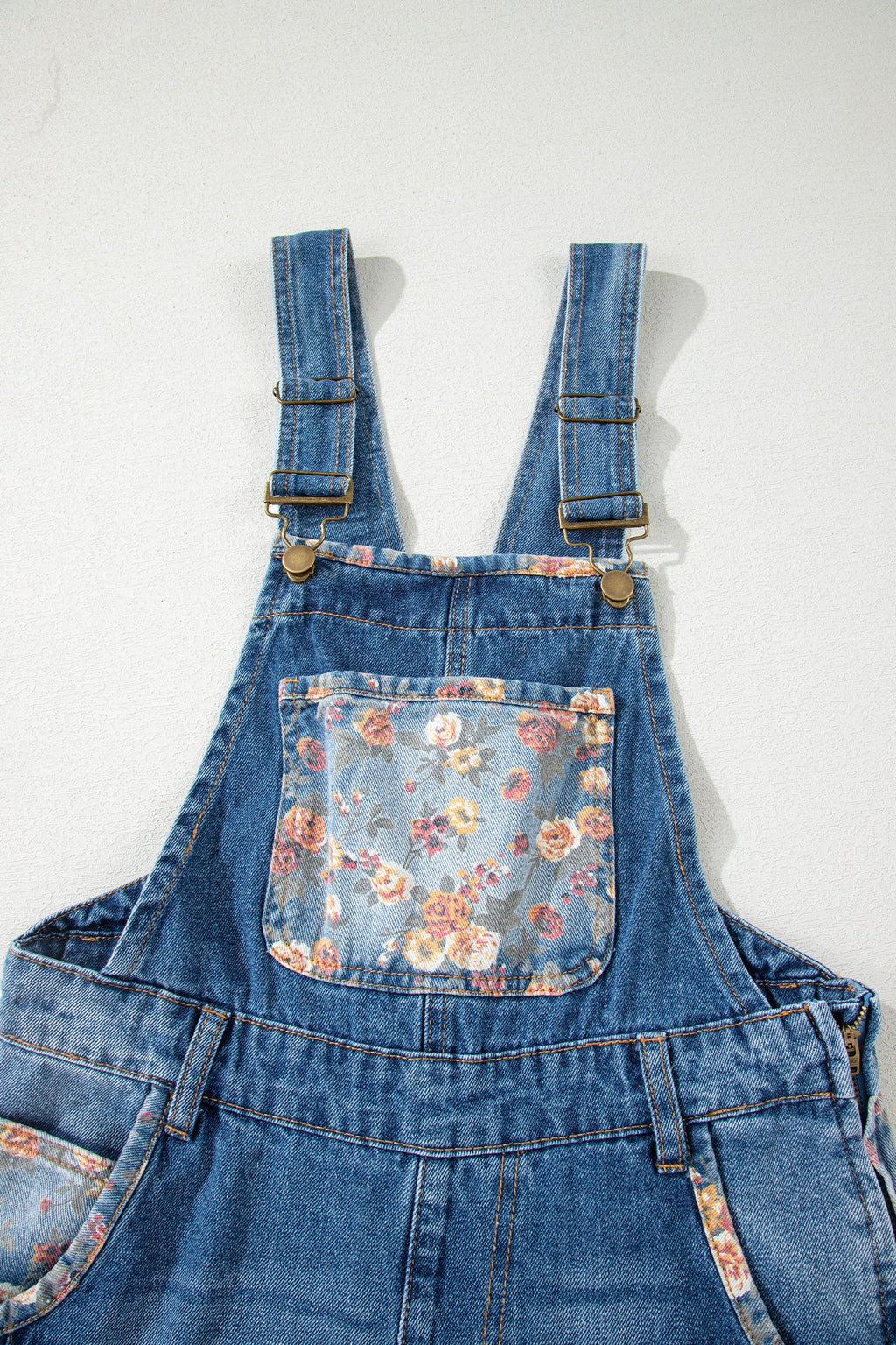 Floral Patchwork Wide Leg Denim Overalls | Square Neckline