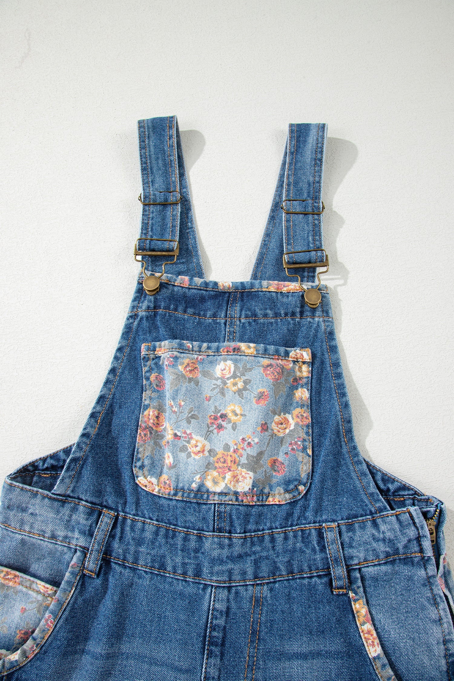 Floral Patchwork Wide Leg Denim Overalls | Square Neckline