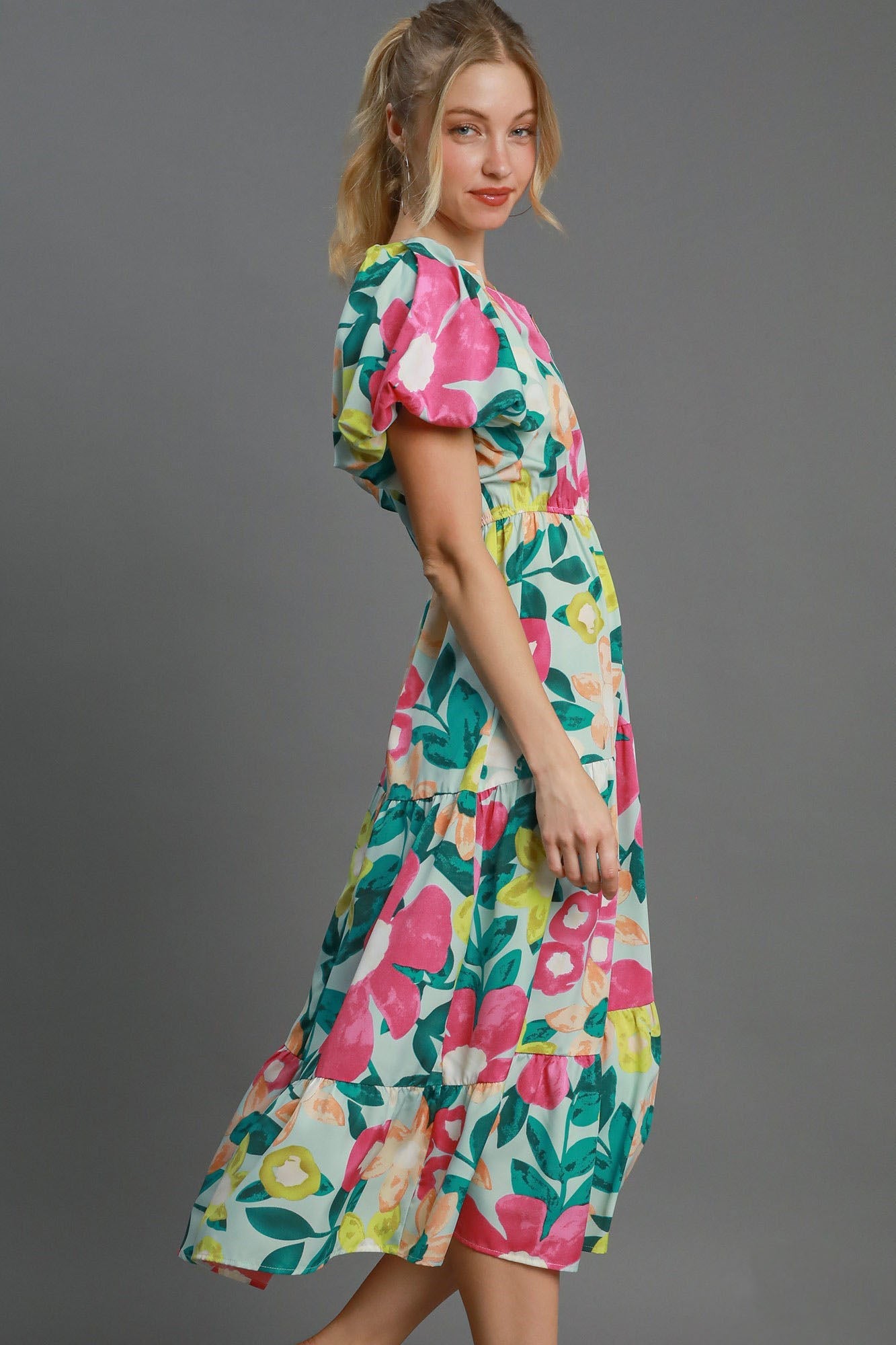 Floral Print Puff Sleeve Midi Dress Romantic Style