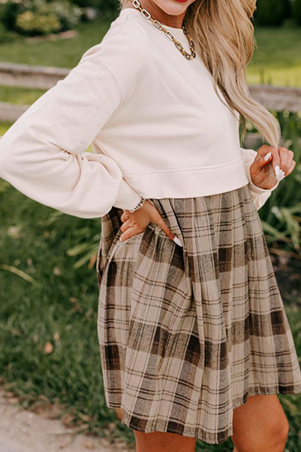 Vintage Plaid Long Sleeve Mini Dress with Round Neck