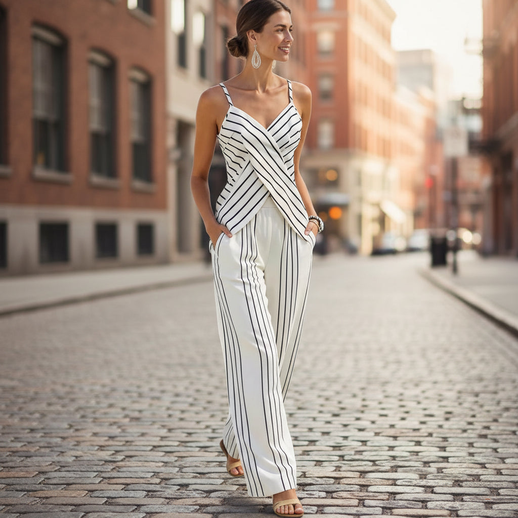 Women's Striped V-Neck Sleeveless Two-Piece Set White Black - Image 2