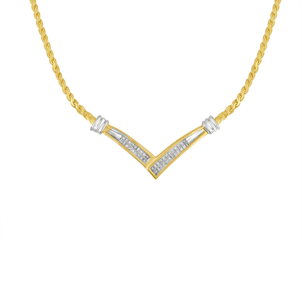 10K Yellow and White Gold 1/2 Cttw Princess Cut Diamond Channel-Set â€œVâ€ Shape 18" Franco Chain Necklace (H-I Color, SI2-I1 Clarity)
