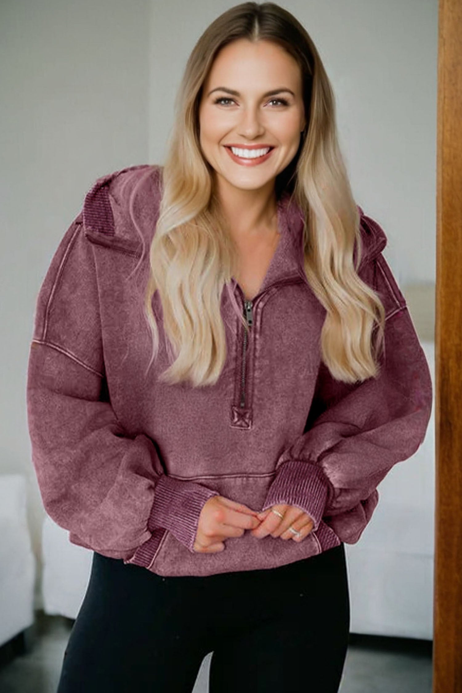 Solid Half-Zip Kangaroo Pocket Baggy Hoodie