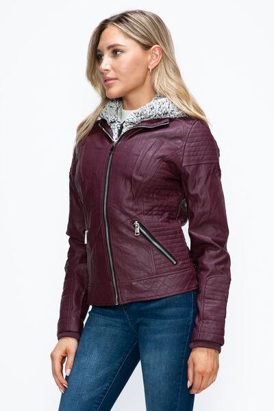 Dual-Zipper Layered Jacket with Fuzzy Hood in Burgundy and Grey
