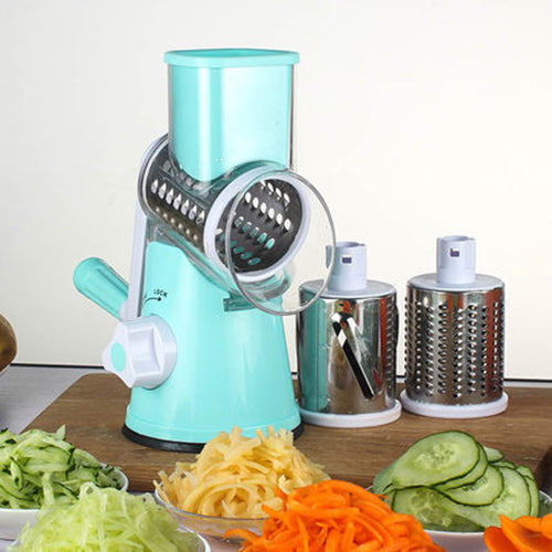 Multifunctional round mandoline vegetable slicer in blue, green, and red with stainless steel blades