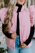 Pink Stand Neck Flutter Sleeve Snap Button Puffer Vest